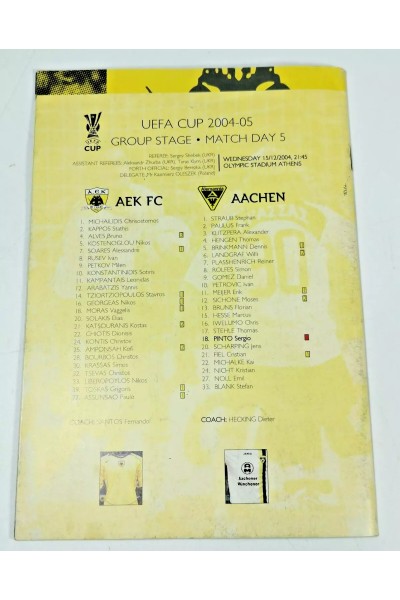 AEK AACHEN UEFA CUP 2004 2005 Group Stage Matchday 5 Official Πρόγραμμα Αγώνα