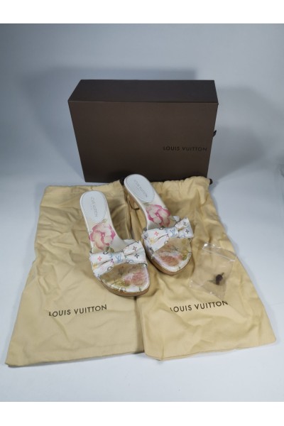 LOUIS VUITTON Λευκές Πολύχρωμες Σατέν Ξύλινες Γόβες Μέγεθος 37