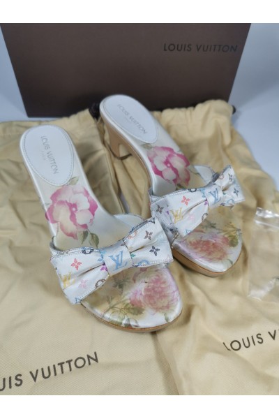 LOUIS VUITTON Λευκές Πολύχρωμες Σατέν Ξύλινες Γόβες Μέγεθος 37