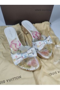 LOUIS VUITTON Λευκές Πολύχρωμες Σατέν Ξύλινες Γόβες Μέγεθος 37
