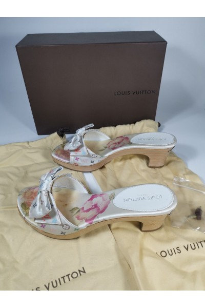 LOUIS VUITTON Λευκές Πολύχρωμες Σατέν Ξύλινες Γόβες Μέγεθος 37
