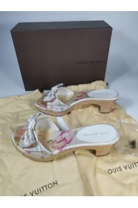 LOUIS VUITTON Λευκές Πολύχρωμες Σατέν Ξύλινες Γόβες Μέγεθος 37