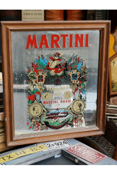 Vintage Rare Advertising Mirror MARTINI ROSSI in Wooden Frame
