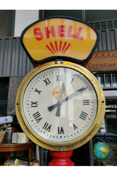 Vintage Ηλεκτρικό Φωτιζόμενο Επιδαπέδιο Ρολόι SHELL Διπλής Όψης Βιομηχανικού Στυλ