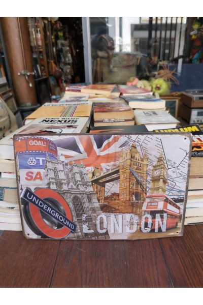 Vintage Metal Sign London with Big Ben, Tower Bridge & Underground