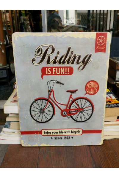 Vintage Metal Wall Sign with Bicycle and Message "Riding is Fun!!