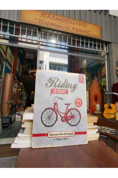 Vintage Metal Wall Sign with Bicycle and Message "Riding is Fun!!