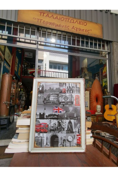 Vintage Στυλ Μεταλλική Πινακίδα με Ασπρόμαυρο Κολάζ Λονδίνου