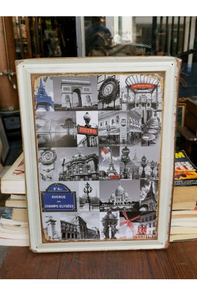 Vintage Στυλ Μεταλλική Πινακίδα με Ασπρόμαυρο Κολάζ Paris Collage
