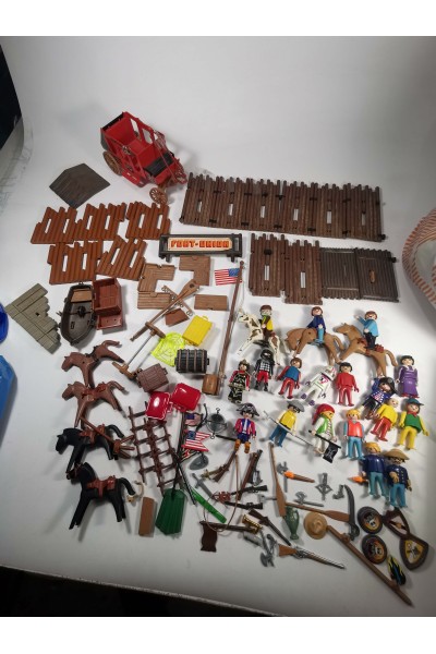 Vintage Playmobil Set with Pieces from Western Fort Union Figures, Carriage, Animals & Accessories