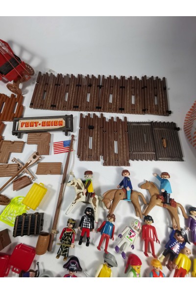 Vintage Playmobil Set with Pieces from Western Fort Union Figures, Carriage, Animals & Accessories
