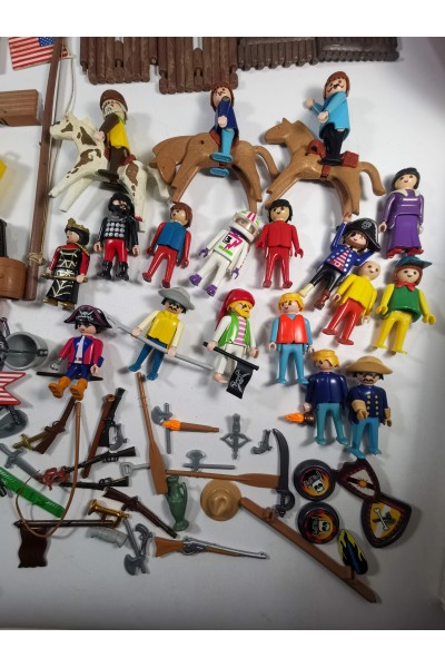Vintage Playmobil Set with Pieces from Western Fort Union Figures, Carriage, Animals & Accessories