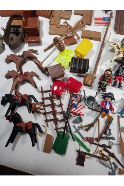 Vintage Playmobil Set with Pieces from Western Fort Union Figures, Carriage, Animals & Accessories