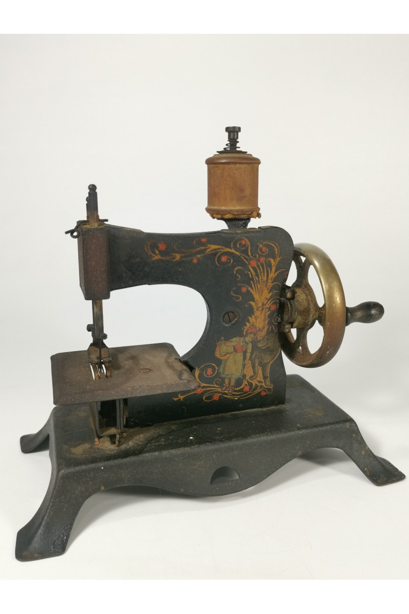Antique Cast Iron Toy Sewing Machine Little Red Riding Hood & Wolf Design Early 20th Century