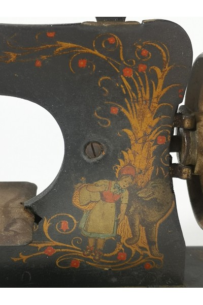 Antique Cast Iron Toy Sewing Machine Little Red Riding Hood & Wolf Design Early 20th Century