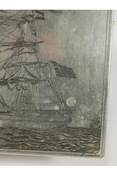 Vintage Alpaca Tobacco Box with Handmade Ship Engraving ALTANA Briki Signature Katsoulis