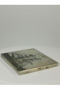 Vintage Alpaca Tobacco Box with Handmade Ship Engraving ALTANA Briki Signature Katsoulis