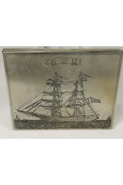Vintage Alpaca Tobacco Box with Handmade Ship Engraving ALTANA Briki Signature Katsoulis