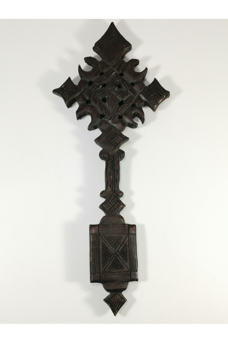 Vintage Ethiopian Hand Carved Wooden Coptic Cross African Tribal Christian Art