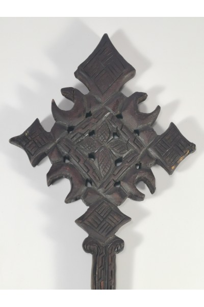 Vintage Ethiopian Hand Carved Wooden Coptic Cross African Tribal Christian Art