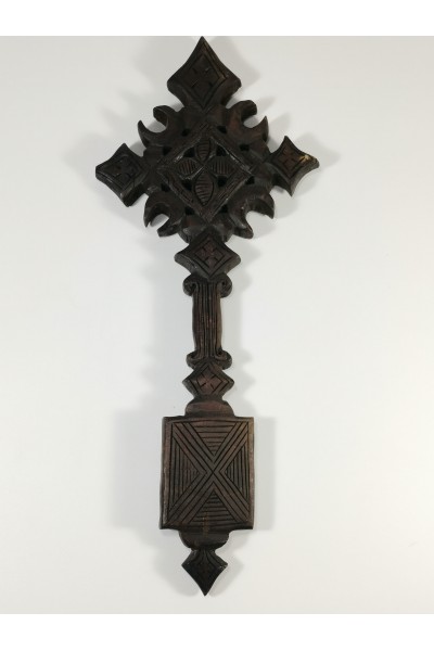 Vintage Ethiopian Hand Carved Wooden Coptic Cross African Tribal Christian Art