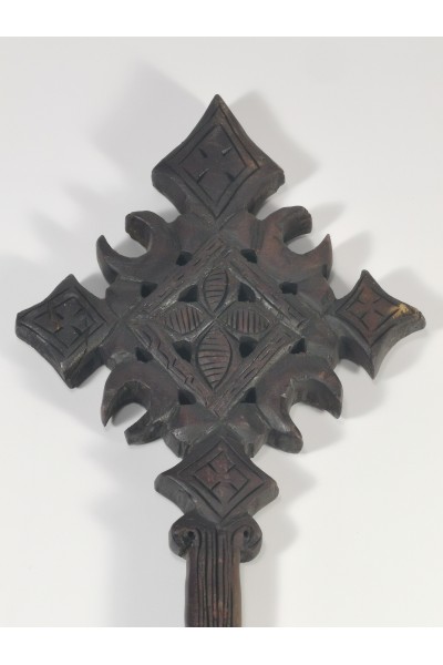 Vintage Ethiopian Hand Carved Wooden Coptic Cross African Tribal Christian Art