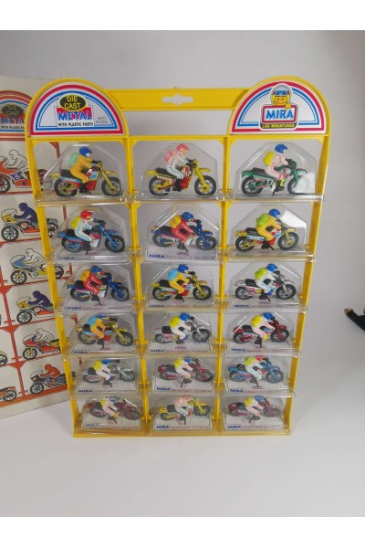 Vintage MIRA Display with 18 Die Cast Motocross Motorcycle Miniatures