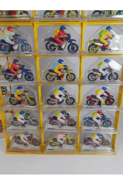 Vintage MIRA Display with 18 Die Cast Motocross Motorcycle Miniatures