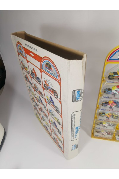 Vintage MIRA Display with 18 Die Cast Motocross Motorcycle Miniatures