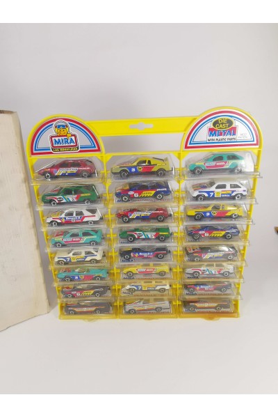 Vintage Collectible MIRA Display with 24 Die Cast Rally Cars