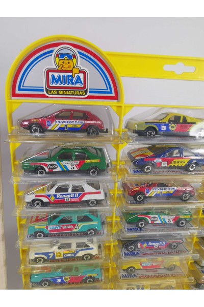 Vintage Collectible MIRA Display with 24 Die Cast Rally Cars