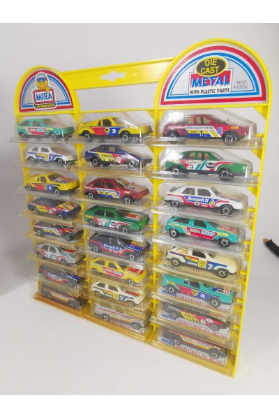 Vintage Collectible MIRA Display with 24 Die Cast Rally Cars
