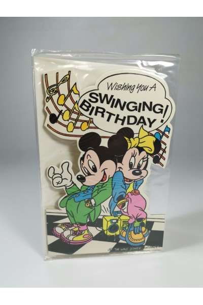 Vintage Disney Ευχετήρια Κάρτα Γενεθλίων Mickey & Minnie “Swinging Birthday” Σφραγισμένη 90s