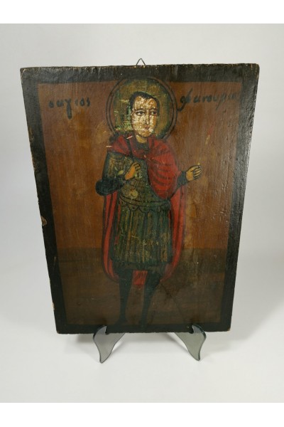 Vintage Hand-Painted Wooden Orthodox Icon of Saint Fanourios with Aged Patina 33x24cm